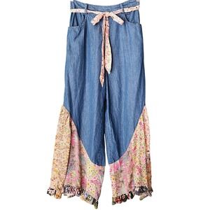 Young Threads Womens Small Flare Bell Bottom Jeans Patchwork Boho Pull on Ruffle
